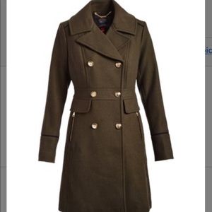 Olive long walking length pea coat NWT
